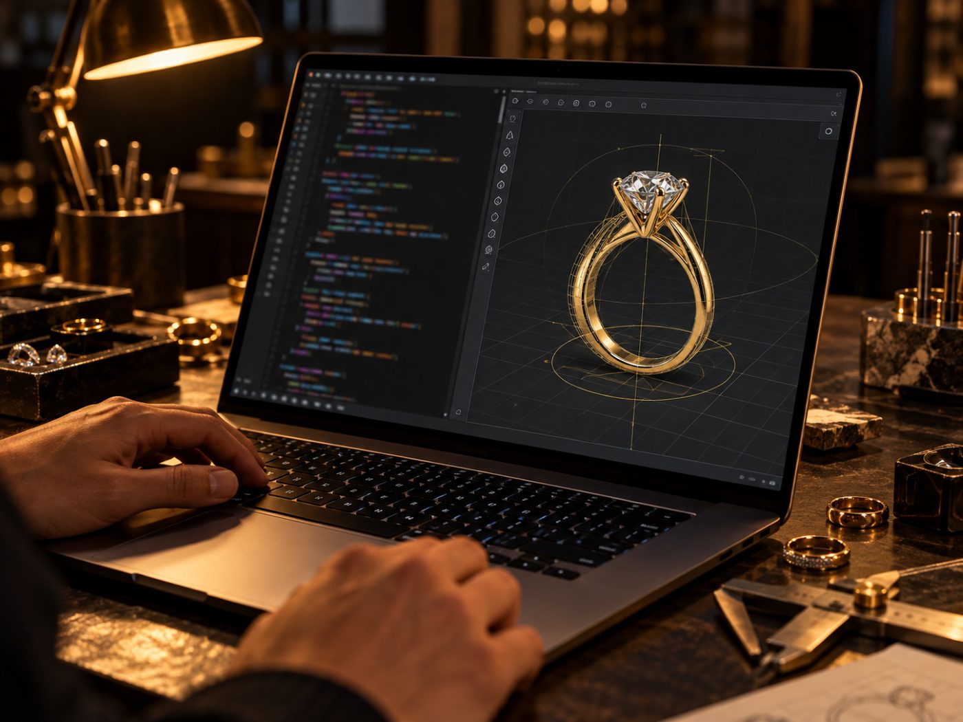 Laptop con código del agente a la izquierda y un anillo solitario de oro modelado en 3D a la derecha