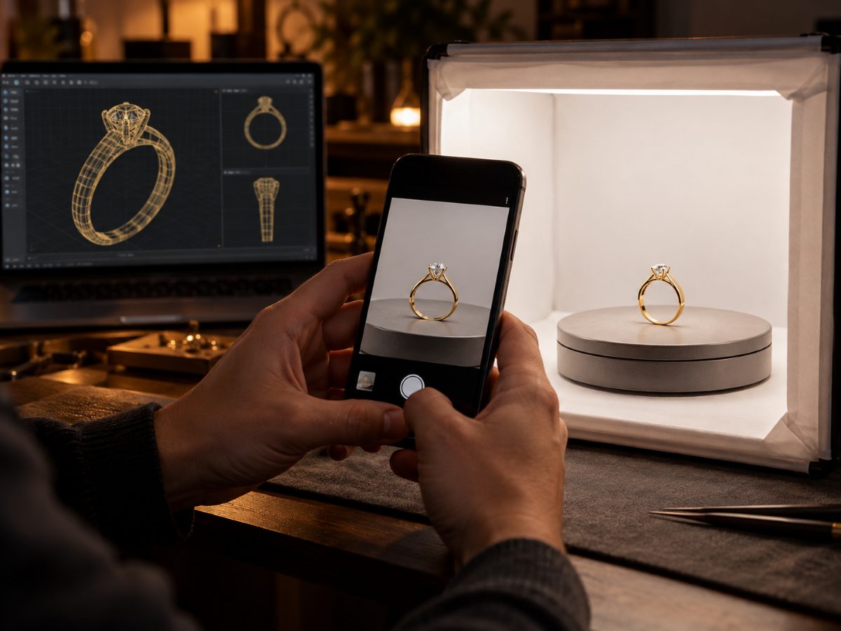 Manos fotografiando con un celular un anillo de oro dentro de una caja de luz, con su malla 3D en la laptop de fondo