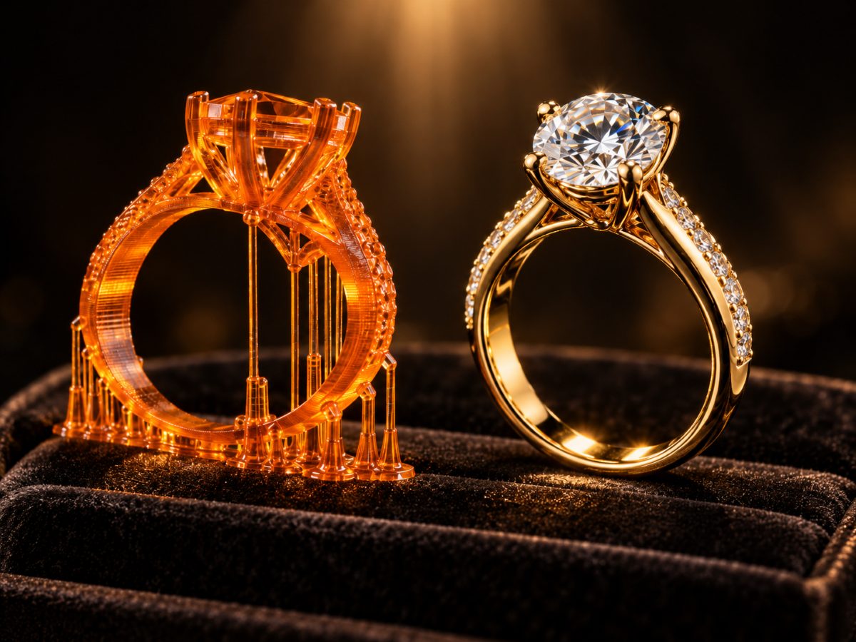 Prototipo de resina ámbar junto al anillo final de oro con diamante, con el mismo diseño