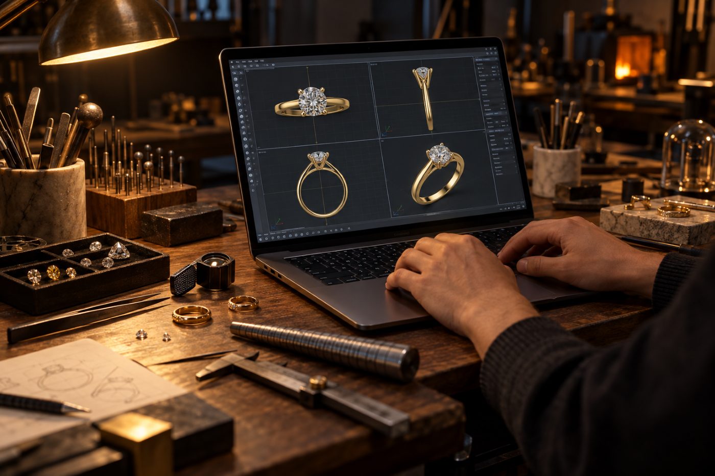 Mesa de trabajo de un joyero con una laptop que muestra un anillo solitario en cuatro vistas de CAD, rodeada de herramientas y gemas